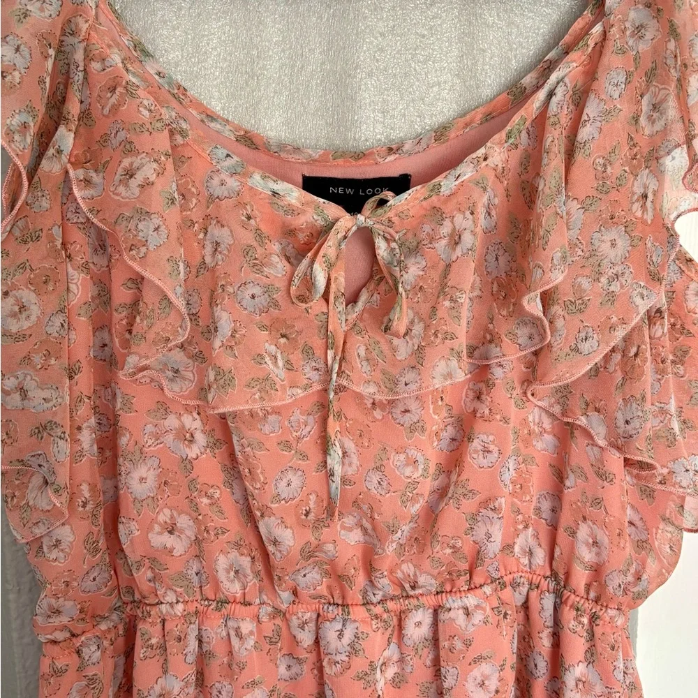 New Look Peach Floral Dress Size 16 Ruffles - Picture 4 of 12